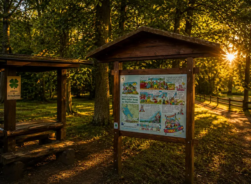 Informační tabule naučné stezky se Čtyřlístkem u Břehyňského rybníka