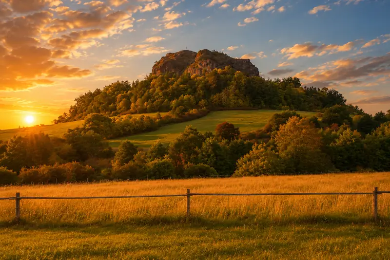 Zalesněný skalní vrch Provodínské kameny (Spící panna) nad Máchovým krajem za soumraku