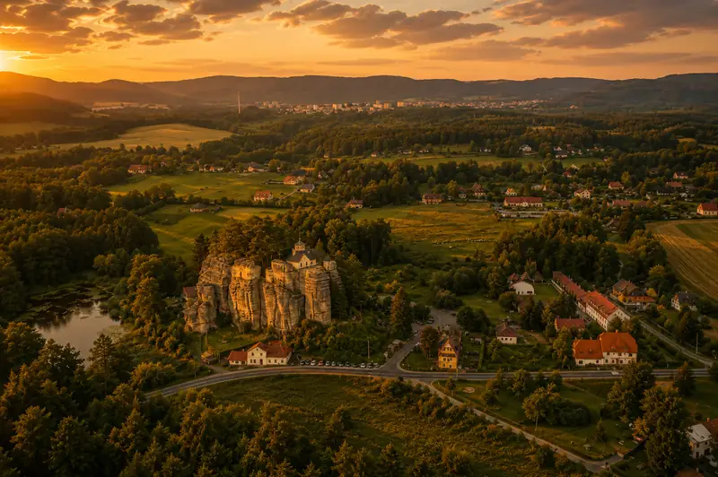 Letecký pohled na skalní hrad a obec Sloup v Čechách za soumraku