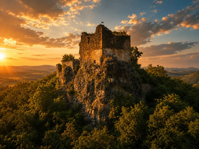 Zřícenina hradu Starý Berštejn na strmém zalesněném vrcholu za soumraku