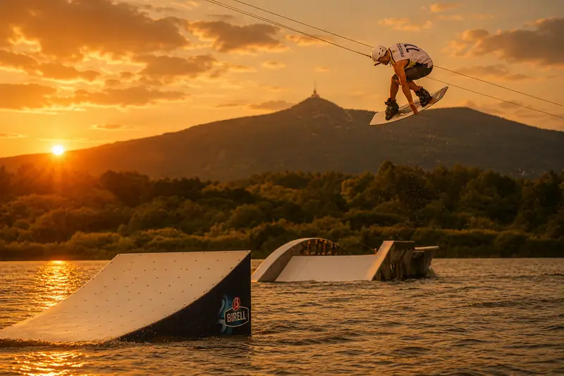 Wakeboardista na vodním vleku nad nádrží Horka s Ještědem v pozadí