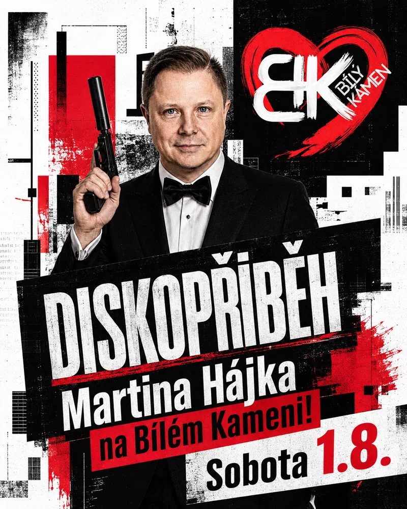 Plakát Diskopříběh Martina Hájka, sobota 1. 8. 2026 na Bílém Kameni