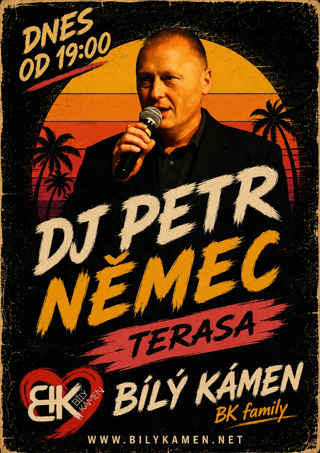 Plakát DJ Petr Němec na terase ve čtvrtek 9. 7. 2026 od 19:00 na Bílém Kameni