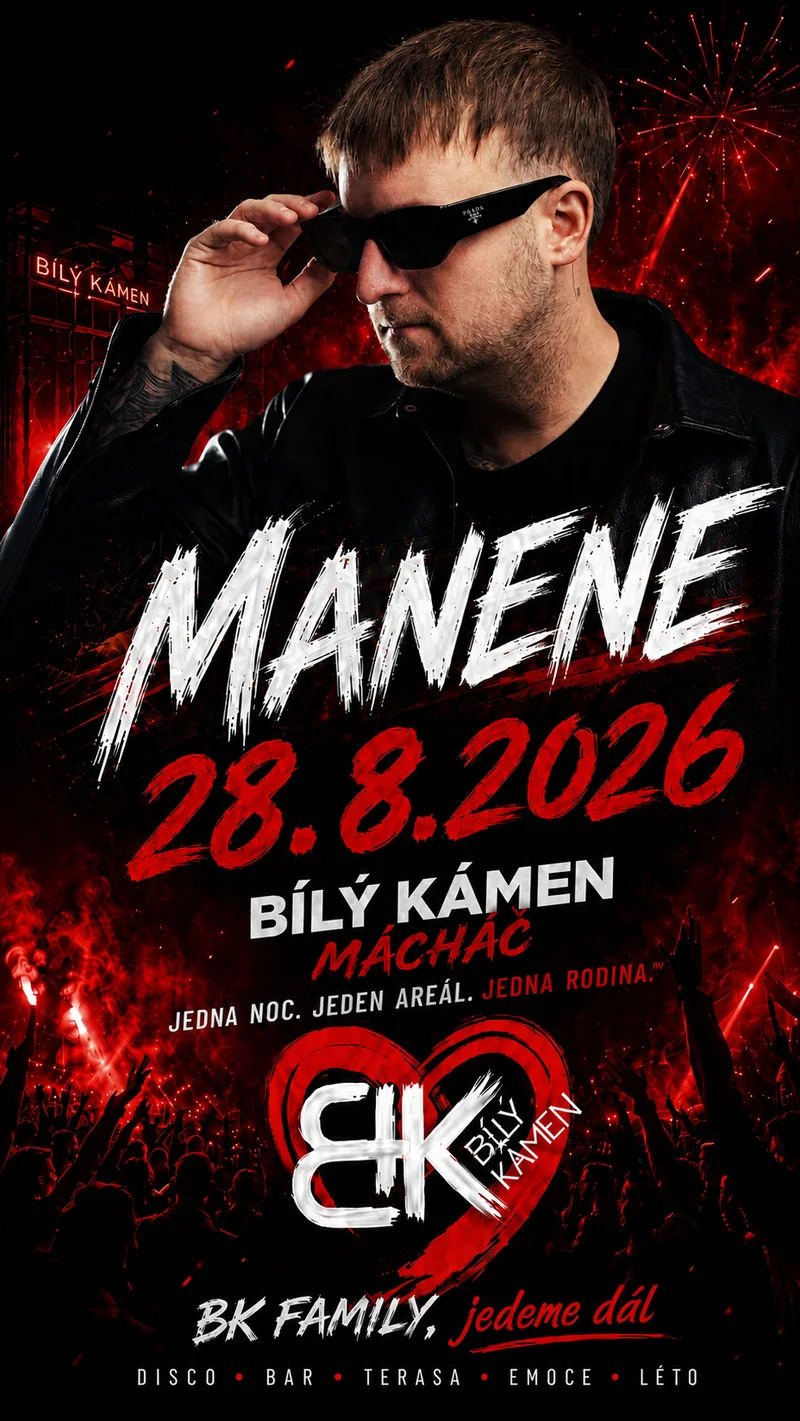 Plakát Manene, pátek 28. 8. 2026 na Bílém Kameni (Mácháč)